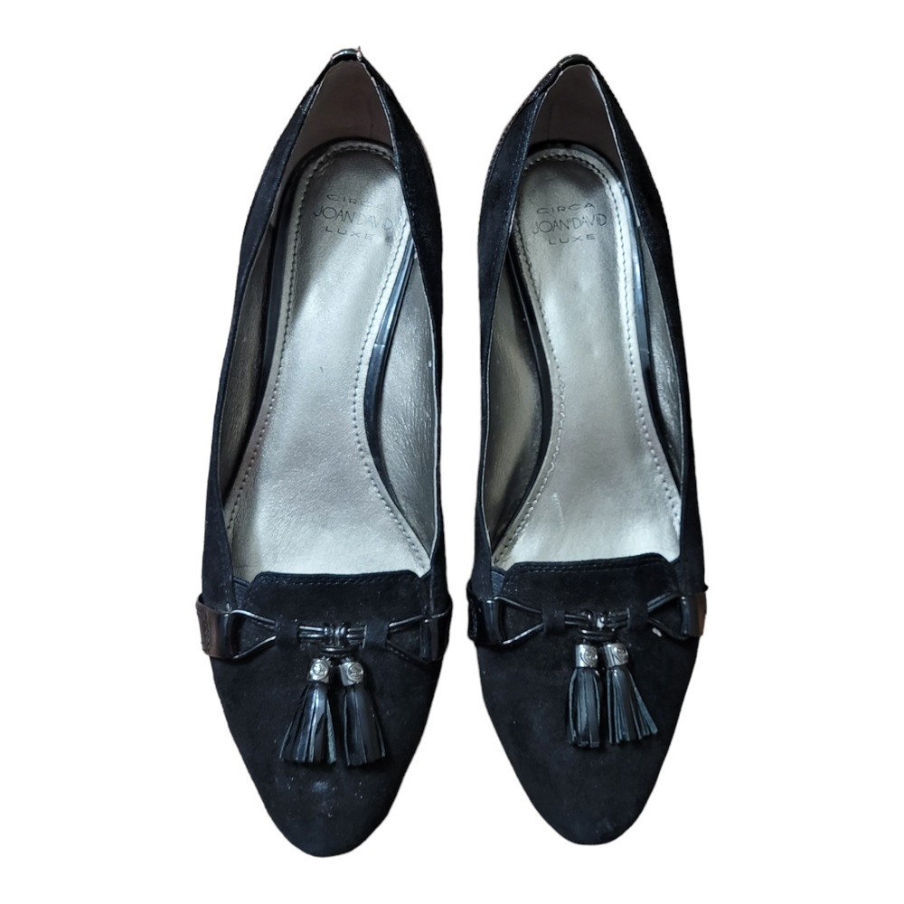 Circa Joan David Yzabeth Black Suede Tassel Wedge Pumps Office Luxe 7.5